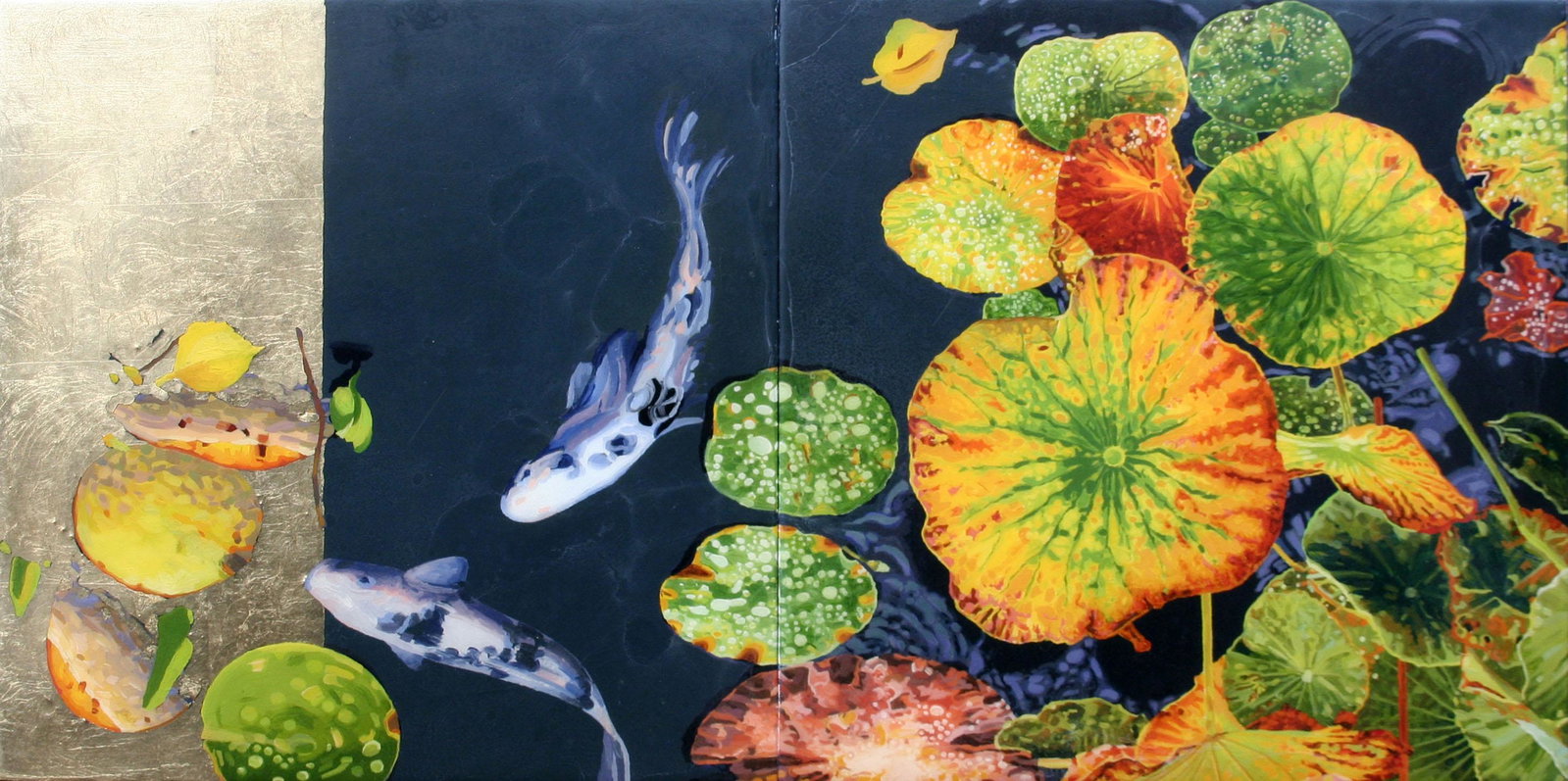 Unknown: "Koi Pond" - Diptych; 20th Century; Mixed Media (Acryllic, Resin and Gold Leaf); 18" x 36"; Unsigned, Unframed.