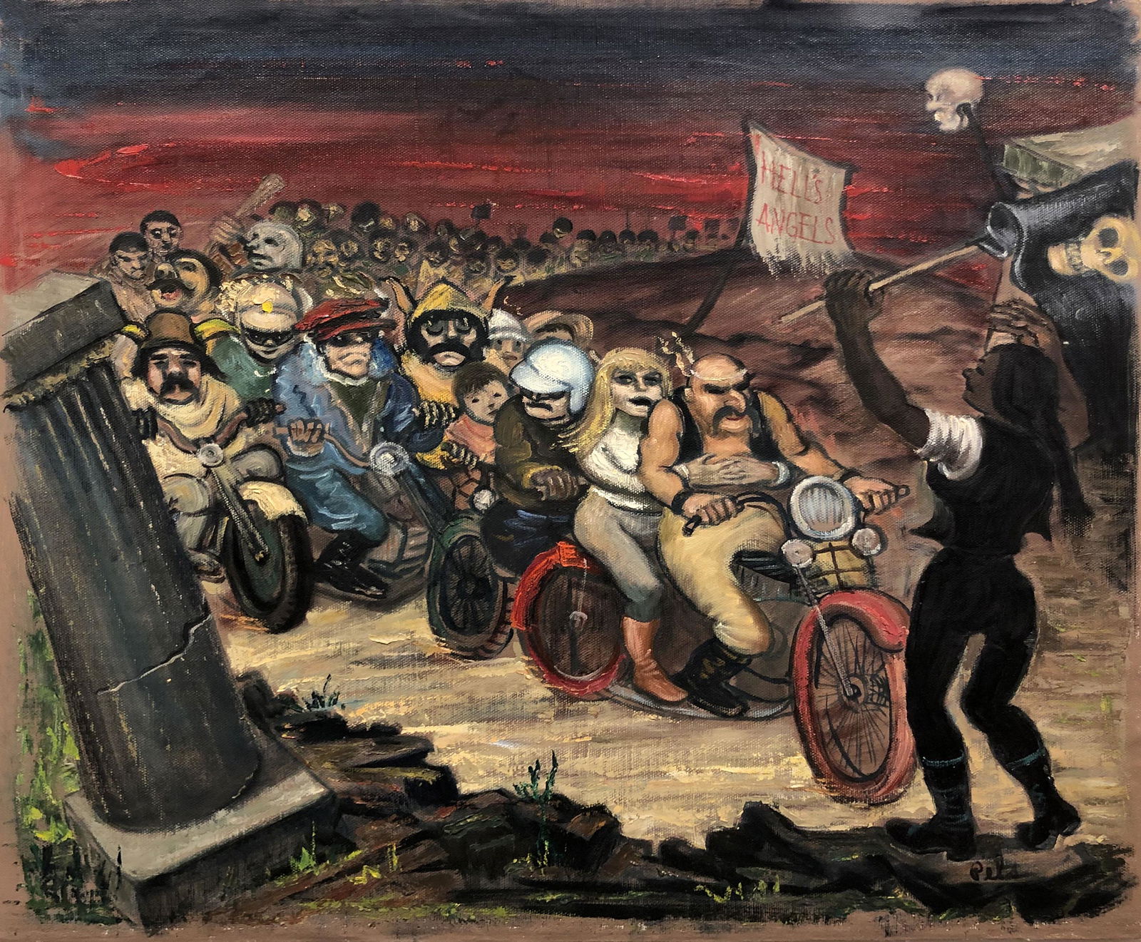 Albert Pels (1910 - 1998): "Hells Angels"; c. 1980s; Oil on Canvas (unstretched); 21" x 25.25; Signed Lower Right; Unframed