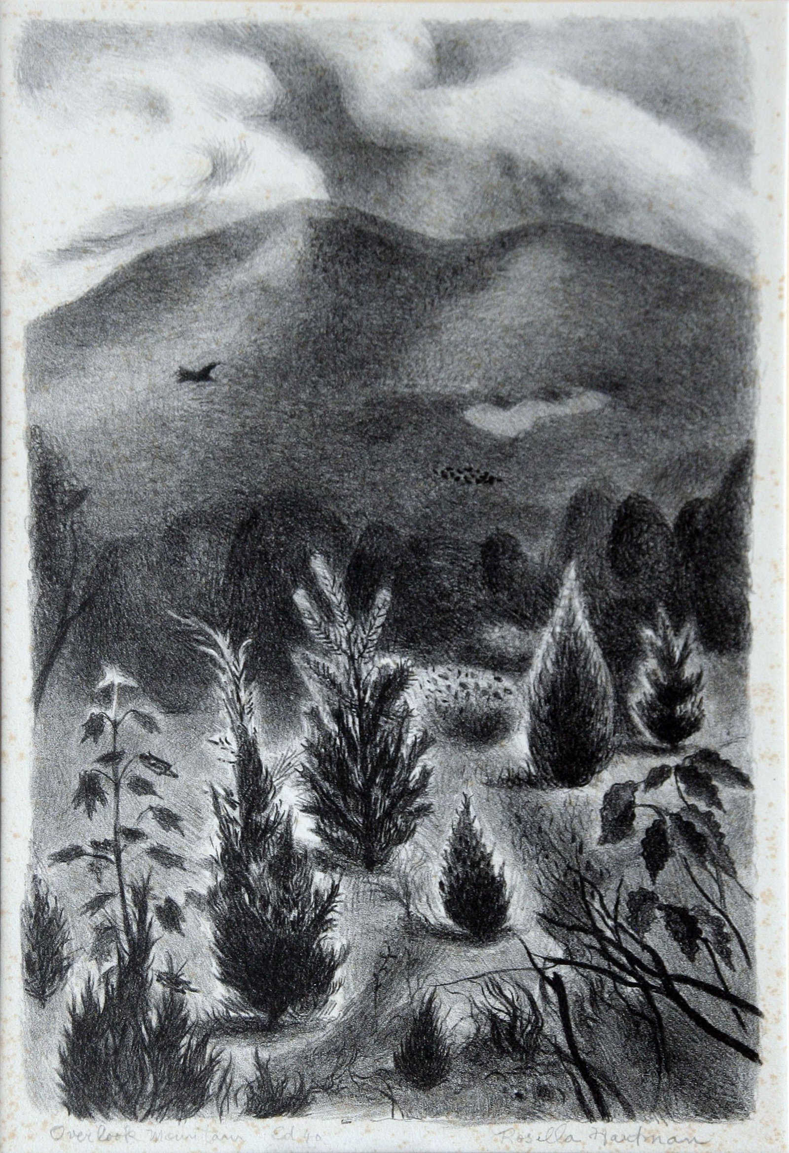 Rosella Hartman (1894-1993): "Overlook Mountain"; c. 1940; Lithograph; 13" x 8.5"; Signed Lower Right; Framed; Provenance: Andre Ruellan, Note: minor foxing.