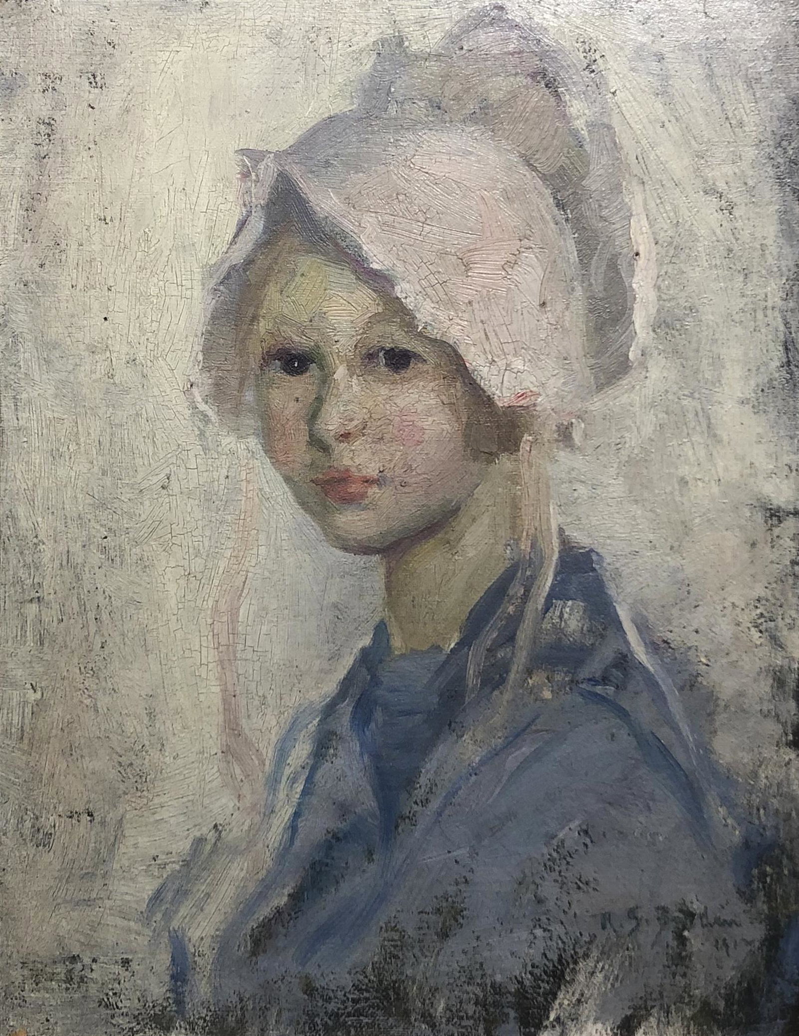Rae Sloan Bredin (1880 - 1933): "Girl in a White Hat" (Katharine Rosen Warner); 1912; Oil on Board; 10.5" x 8.25"; Signed Lower Right; Framed. Note: Salmagundi Club Thumb-box and Allentown Art Museum exhibition labels on verso.