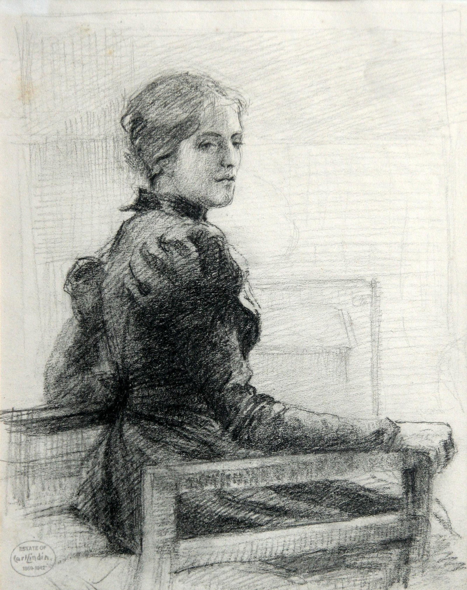 Carl Lindin (1869 - 1942): "Portrait of a Woman"; c. 1900; Graphite on Paper; 10" x 7.75"; Estate Stamp Lower Left; Framed. Provenance: James Cox Gallery and Christies, NYC.