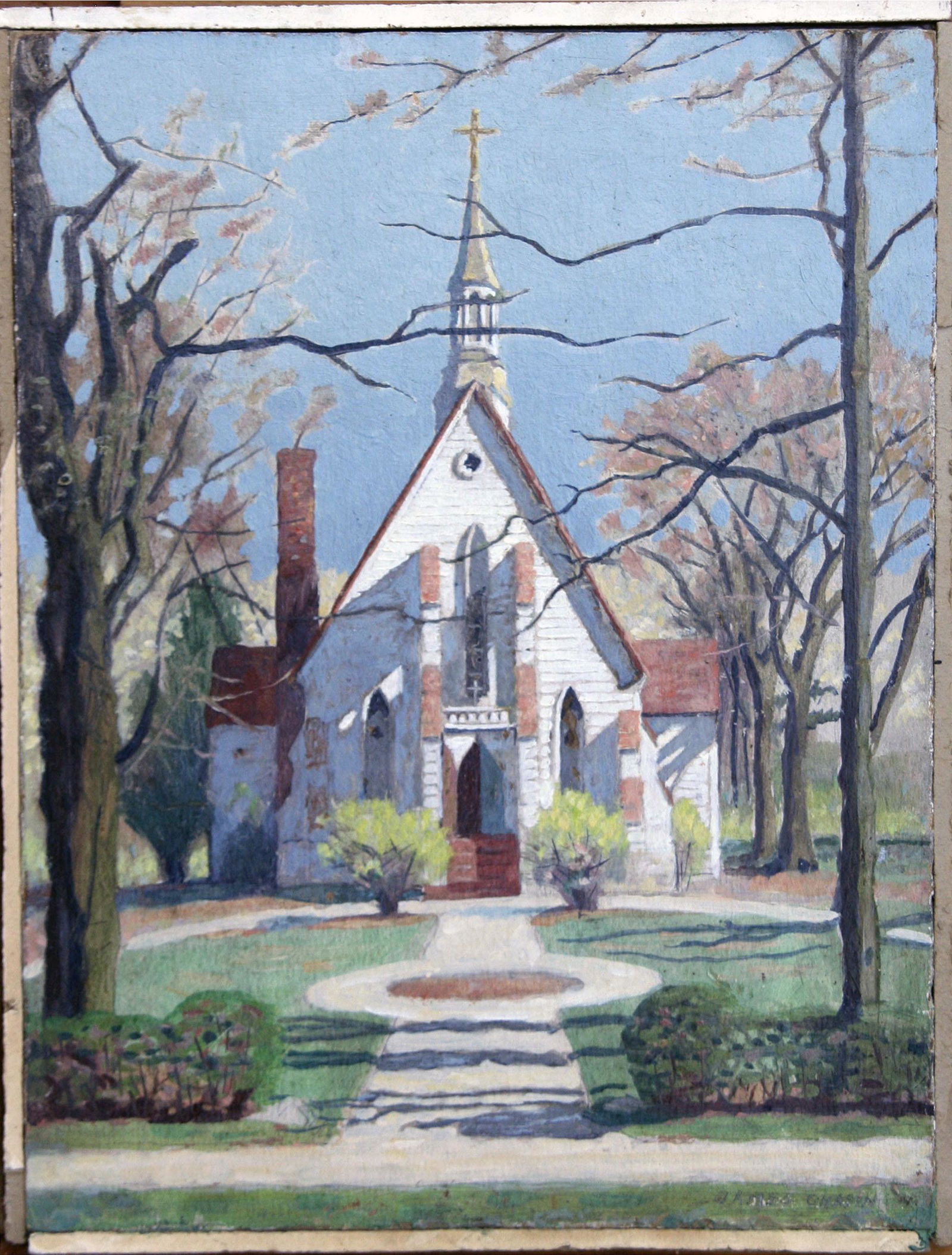 James Ormsbee Chapin (1887 - 1975): "Little White Church"; c. 1940; Oil on Wood; 14.5" x 11"; Signed Lower Right; Unframed