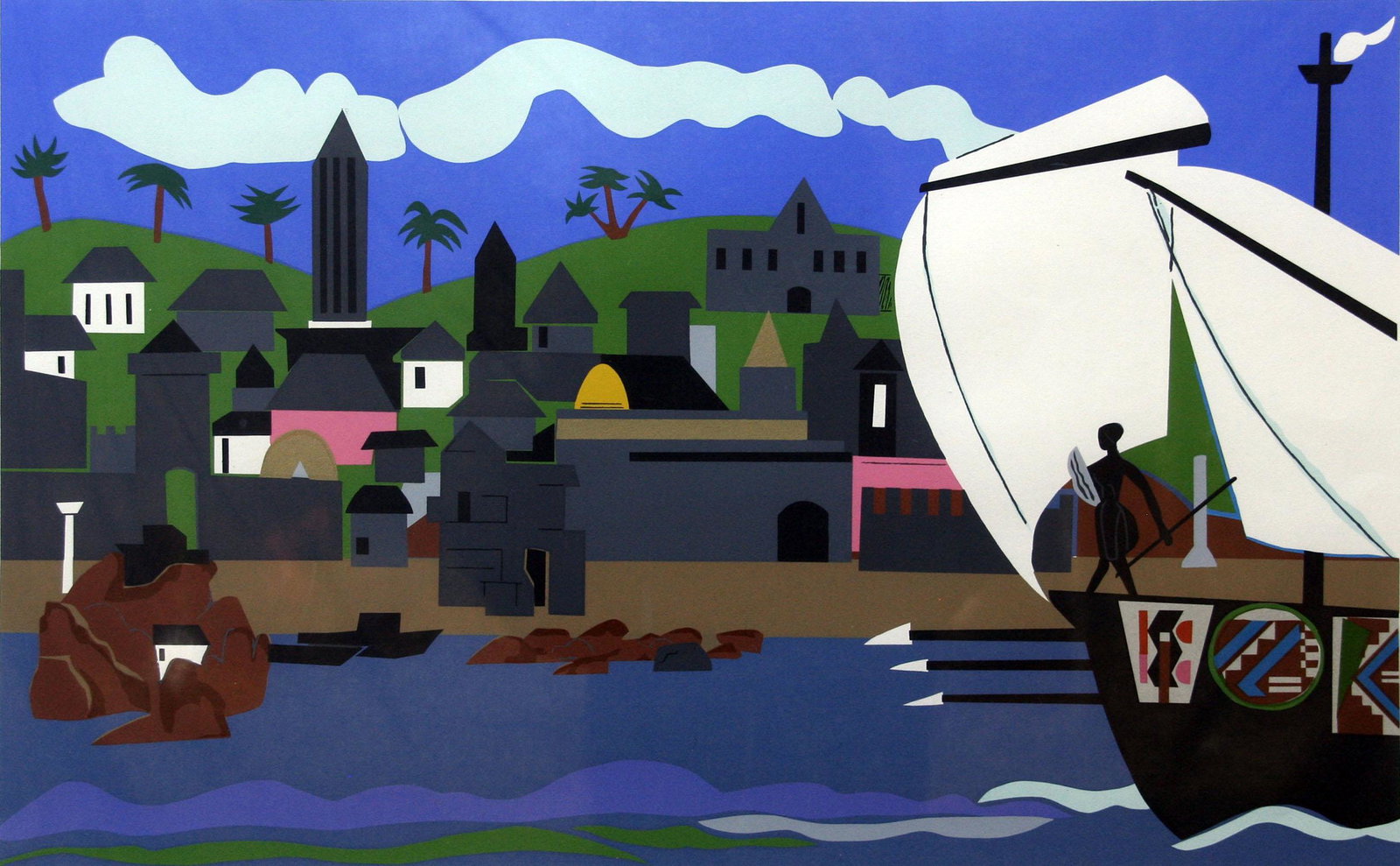 Romare Bearden (1911-1988): "Home to Ithaca", from the "Odysseus Suite"; 1979; Serigraph; 15" x 23.75"; Signed Lower Right; Framed