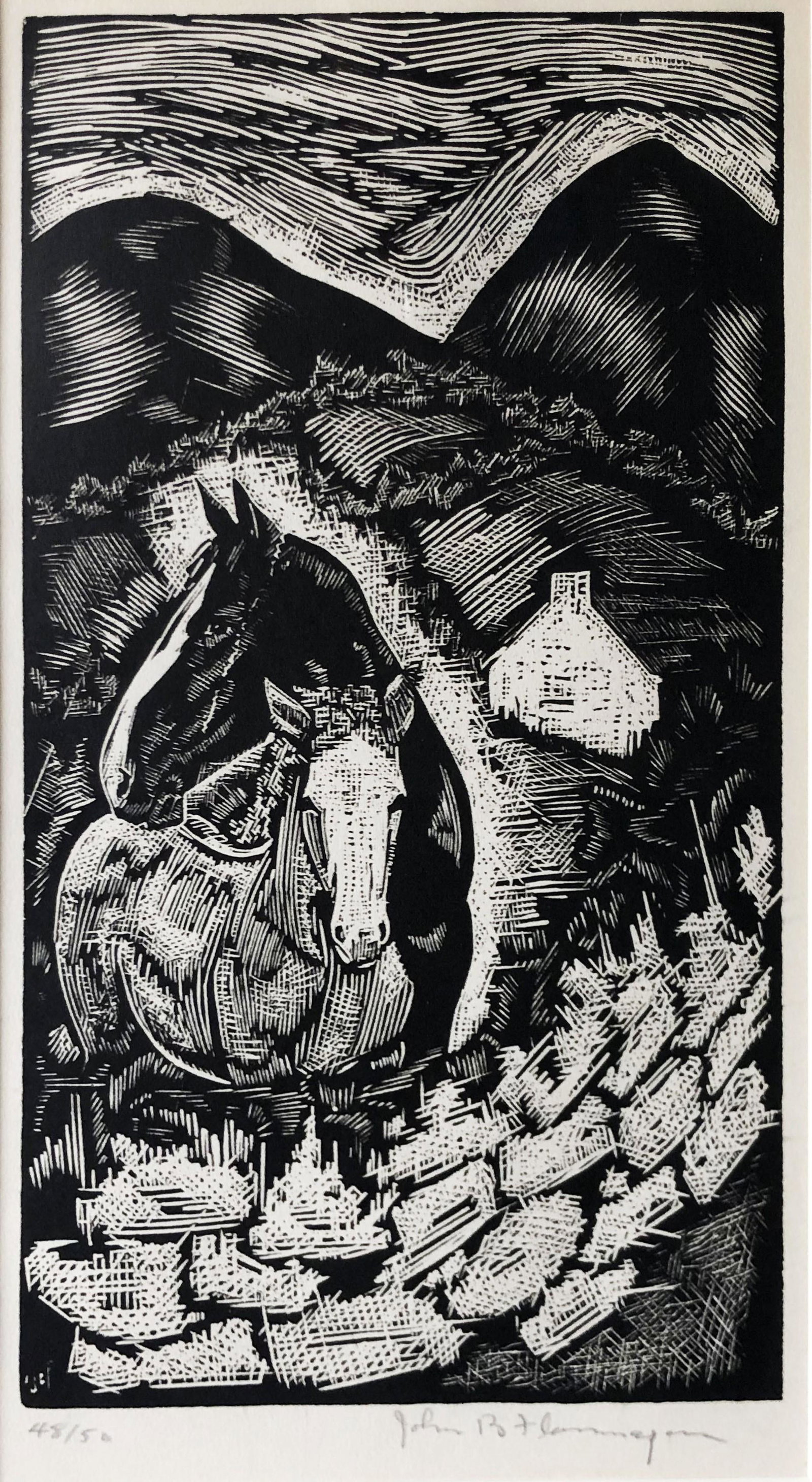 John Flannagan (1895 - 1942): "Untitled (Landscape with Two Horse)"; c. 1930; Linocut; 10" x 5.75"; Signed Lower Right; Framed