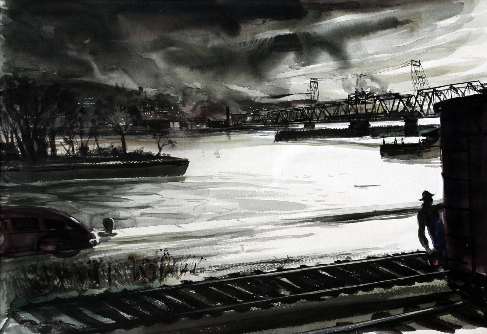 Edwin Becker (1912 - 1989): "Dusk over the Hudson - Albany to Rensselaer Railroad Bridge"; 1951; Watercolor on Paper; 20" x 28"; Signed Lower Left; Unframed.