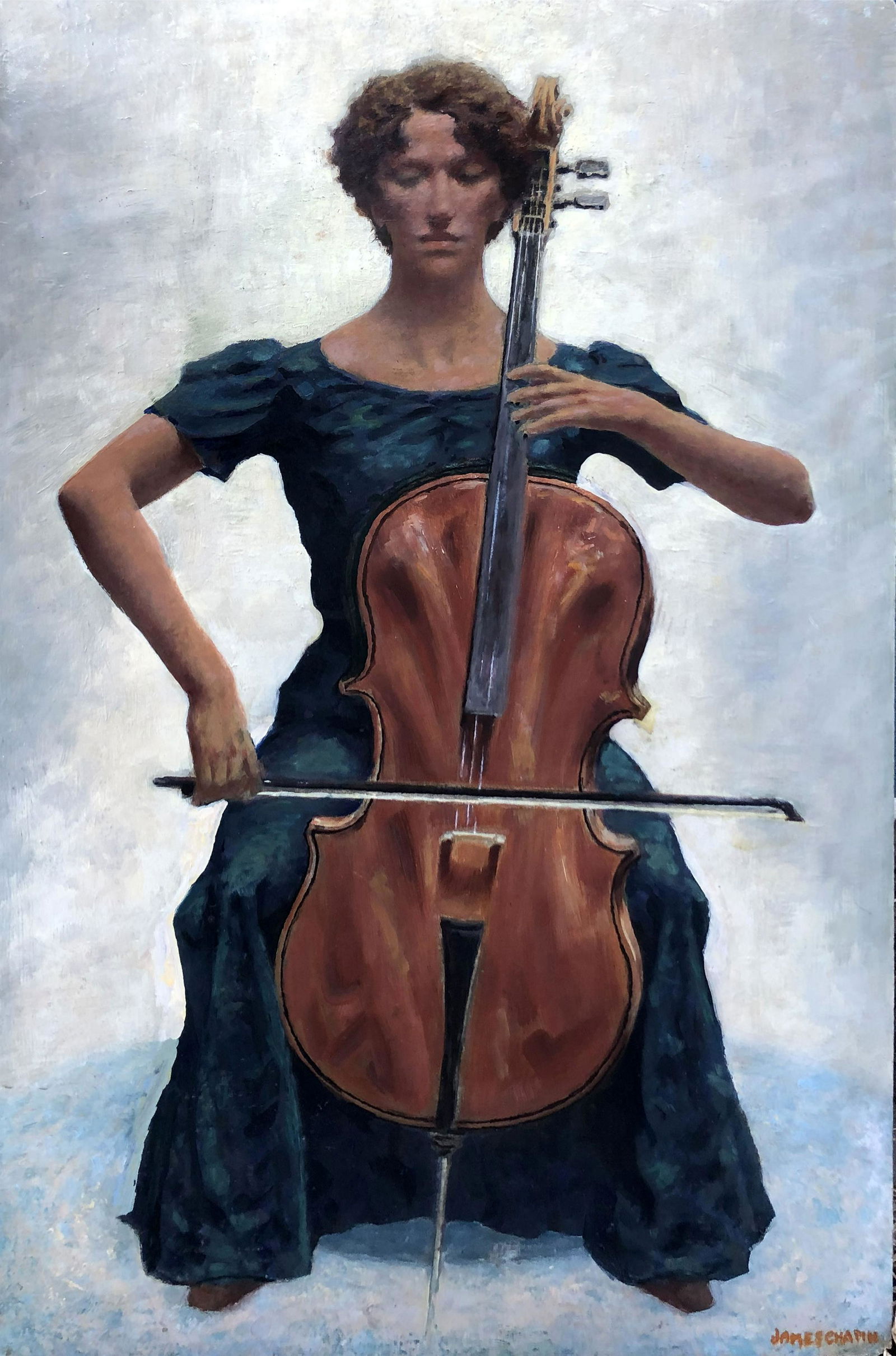 James Ormsbee Chapin (1887 - 1975): "Cellist" (Study for a Painting); c. 1950; Oil on Masonite; 29" x 19.25"; Signed Lower Right; Unframed
