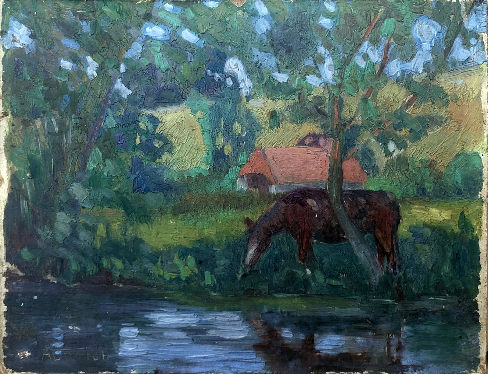 George Ames Aldrich (1872 - 1941): "Landscape with Covered Bridge"; c. 1920; Oil on Board; 5.5" x 7"; Signed Lower Left; Unframed
