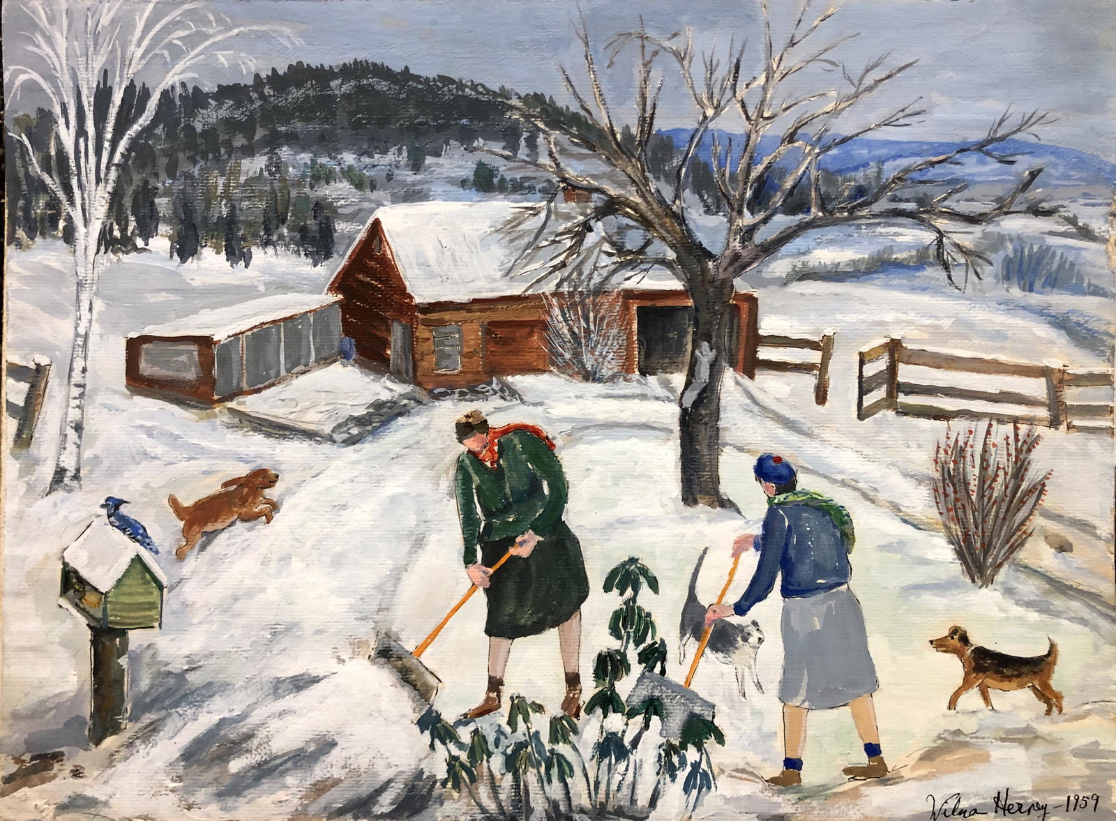 Wilna Hervey (1894 - 1979): "Nan and Wilna in Winter"; 1959; Gouache on Paper; 12" x 16"; Signed Lower Right; Unframed