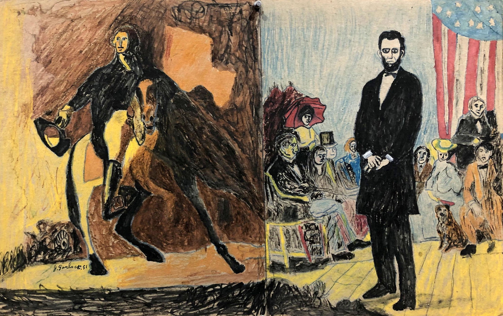Joseph Garlock (1884 - 1980): "Washington and Lincoln"; 1951; Watercolor and Crayon on Board; 14" x 22"; Signed Lower Left; Unframed