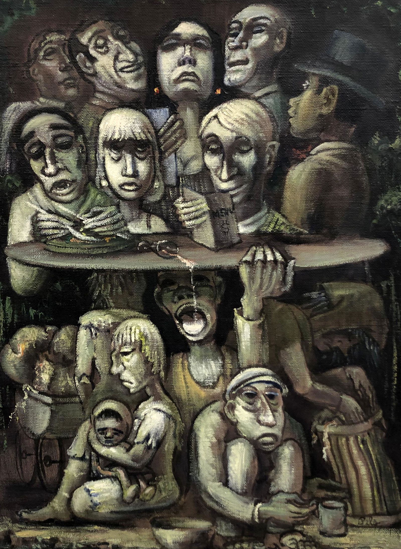 Albert Pels (1910 - 1998): "Reagan - Give to the Rich - Let it Trickle Down to the Poor"; c. 1980s; Oil on Canvas (unstretched); 20" x 15"; Signed Lower Right; Unframed