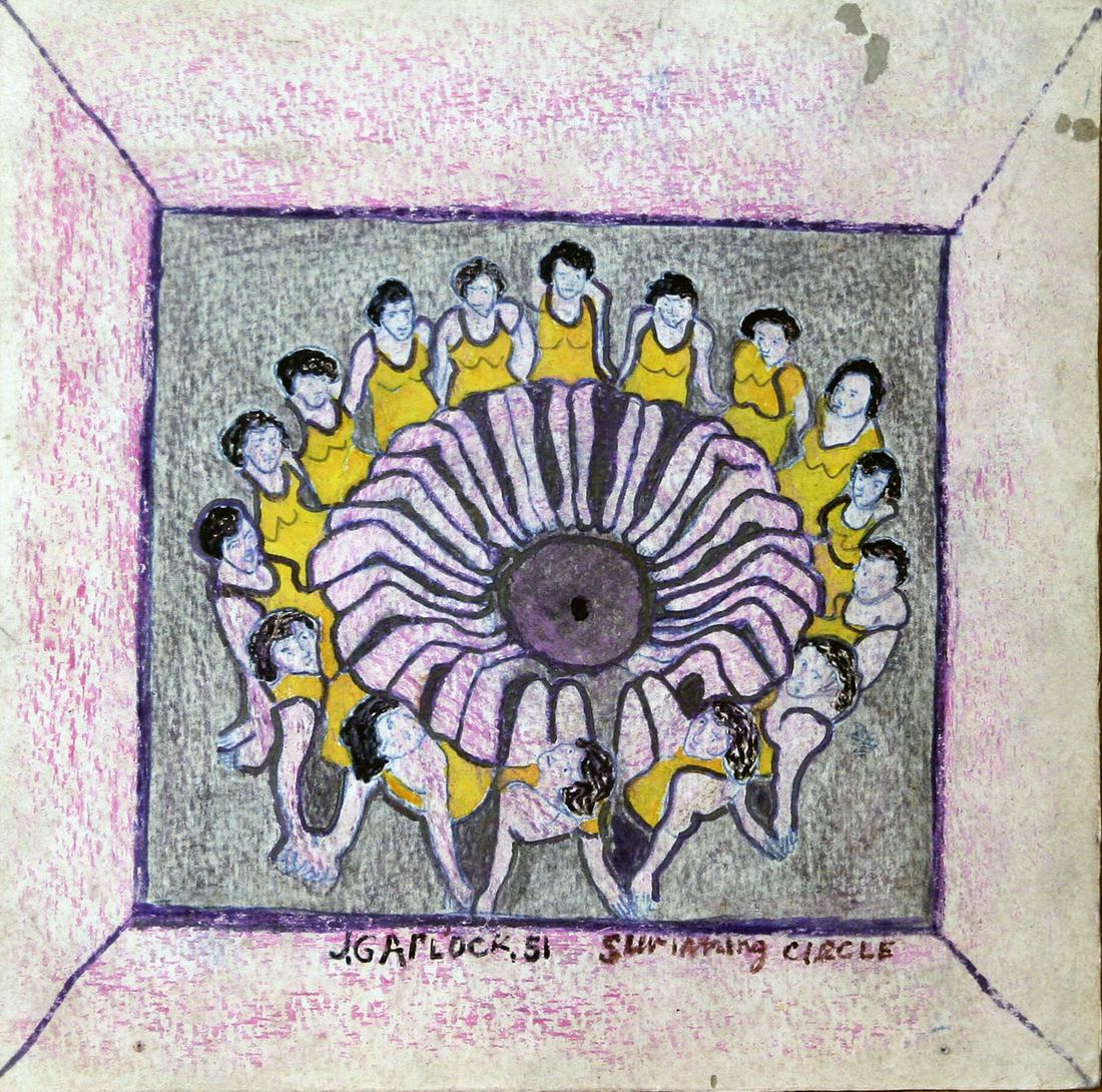 Joseph Garlock (1884 - 1980): "Swimming Circle"; 1951; Watercolor and Crayon on Board; 7" x 7.75"; Signed Lower Left; Unframed