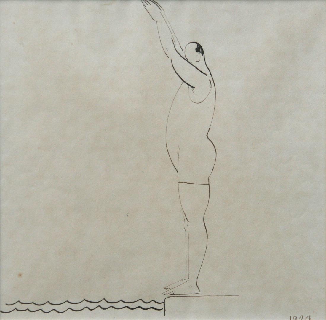 George Bellows (1882 - 1925): "Self-Portrait in a Bathing Suit"; 1924; Ink on Paper; 8.5" x 8.5"; Unsigned; Framed