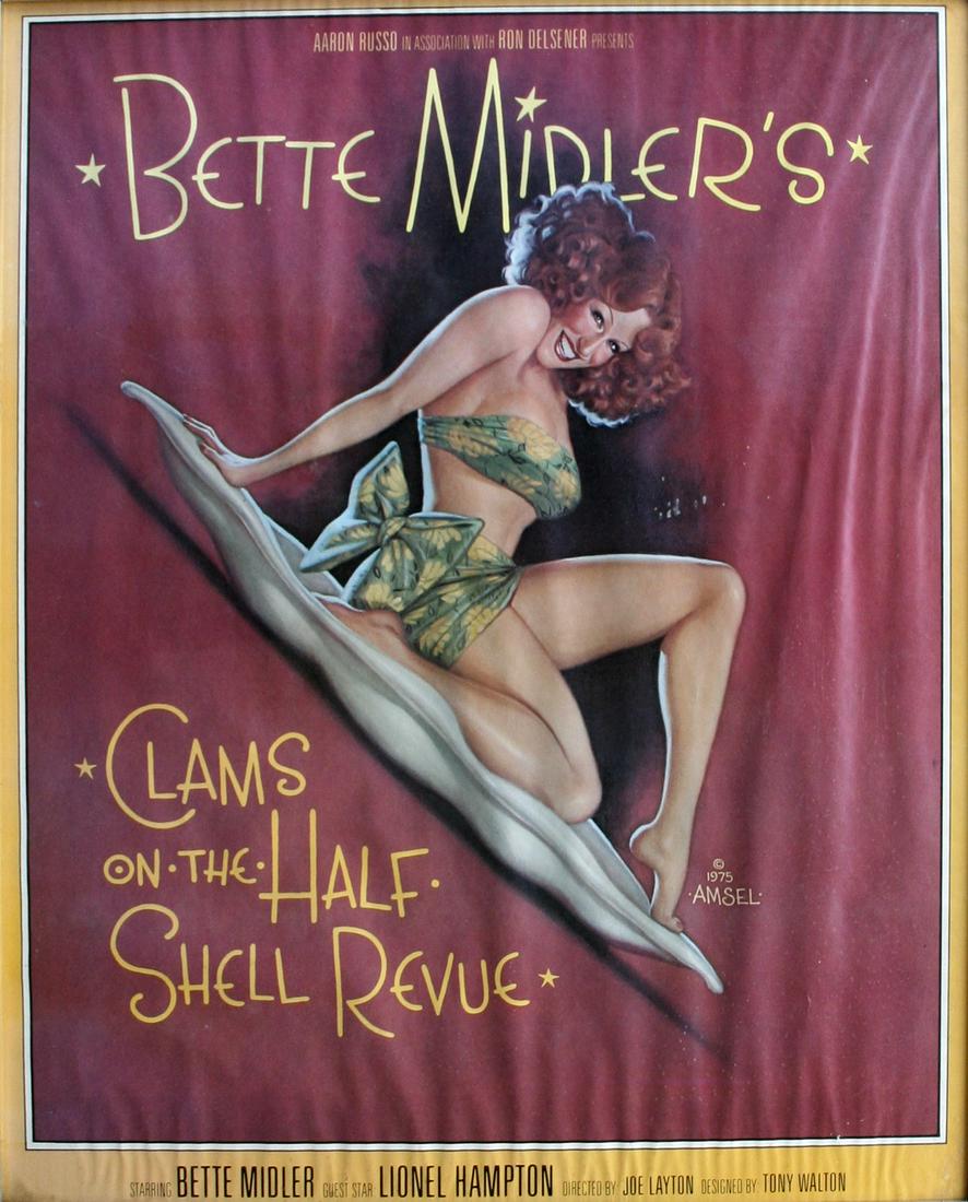 Richard Amsel (1947 - 1985): Bette Midler's "Clams on the Half Shell Revue" Poster'; 1975; Lithograph; 27.5" x 21.75"; Signed Lower Right (in plate); Framed. Note: with original ticket stubs.