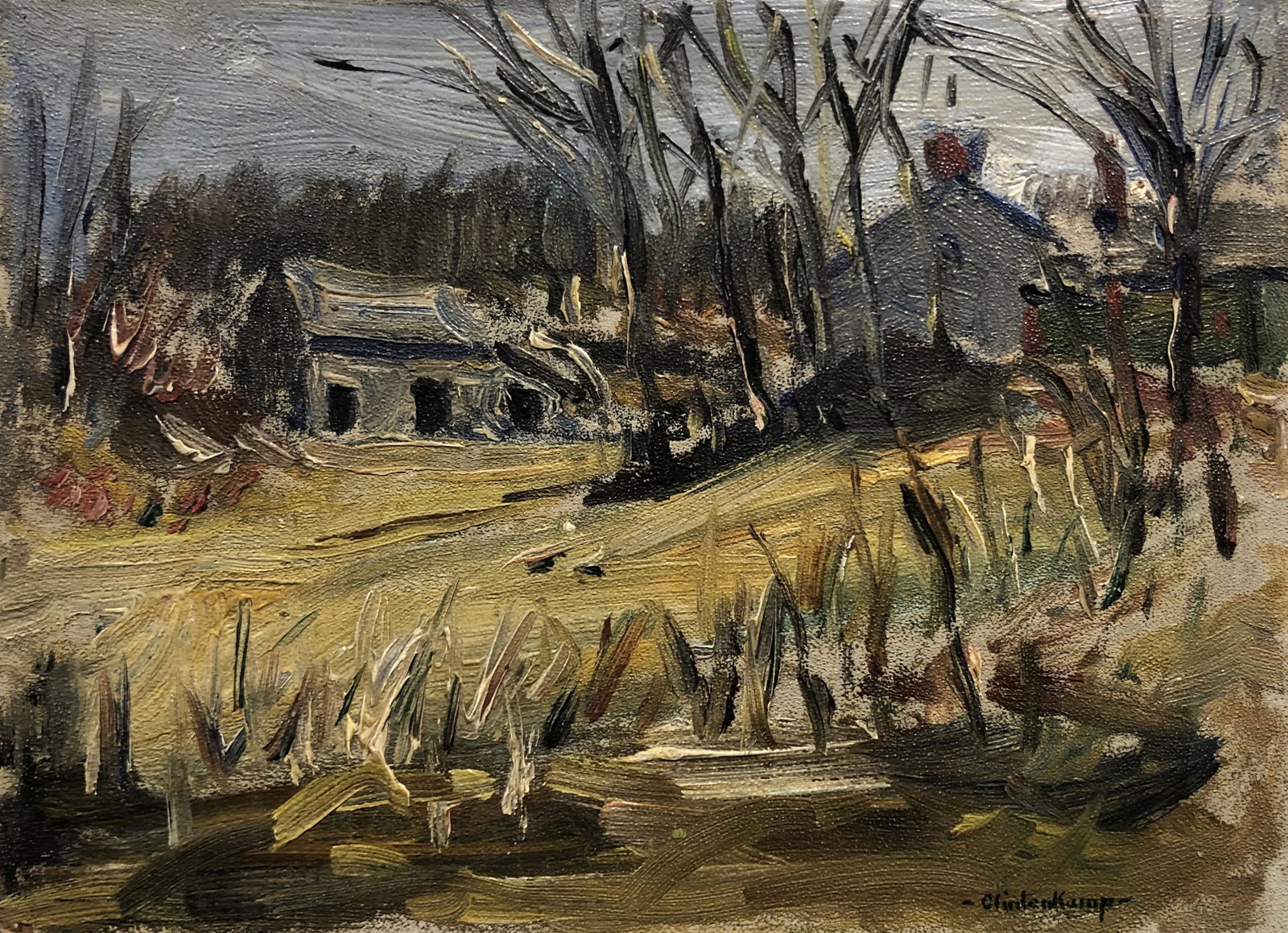 Henry Glintenkamp (1887-1946): "Gray House with Barns"; 1910; Oil on Board; 5.75" x 8"; Signed Lower Right; Framed