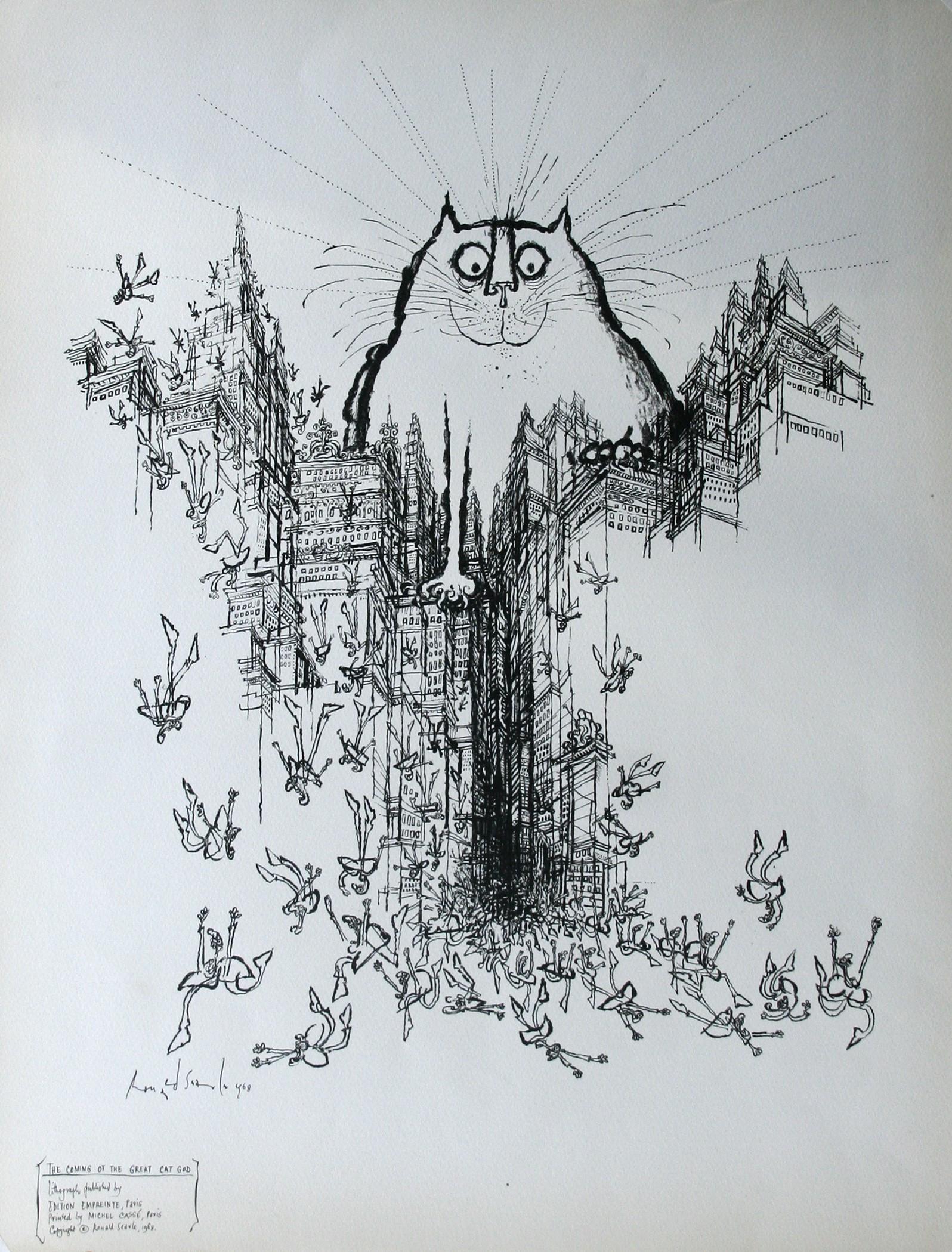 Ronald Searle (1920 - 2011): "The Coming of the Great Cat God"; 1968; Lithograph; 22" x 18"; Signed Lower Left (in plate); Unframed. Published by Edition Empreinte, Paris; Printed by Michel Casse, Paris.