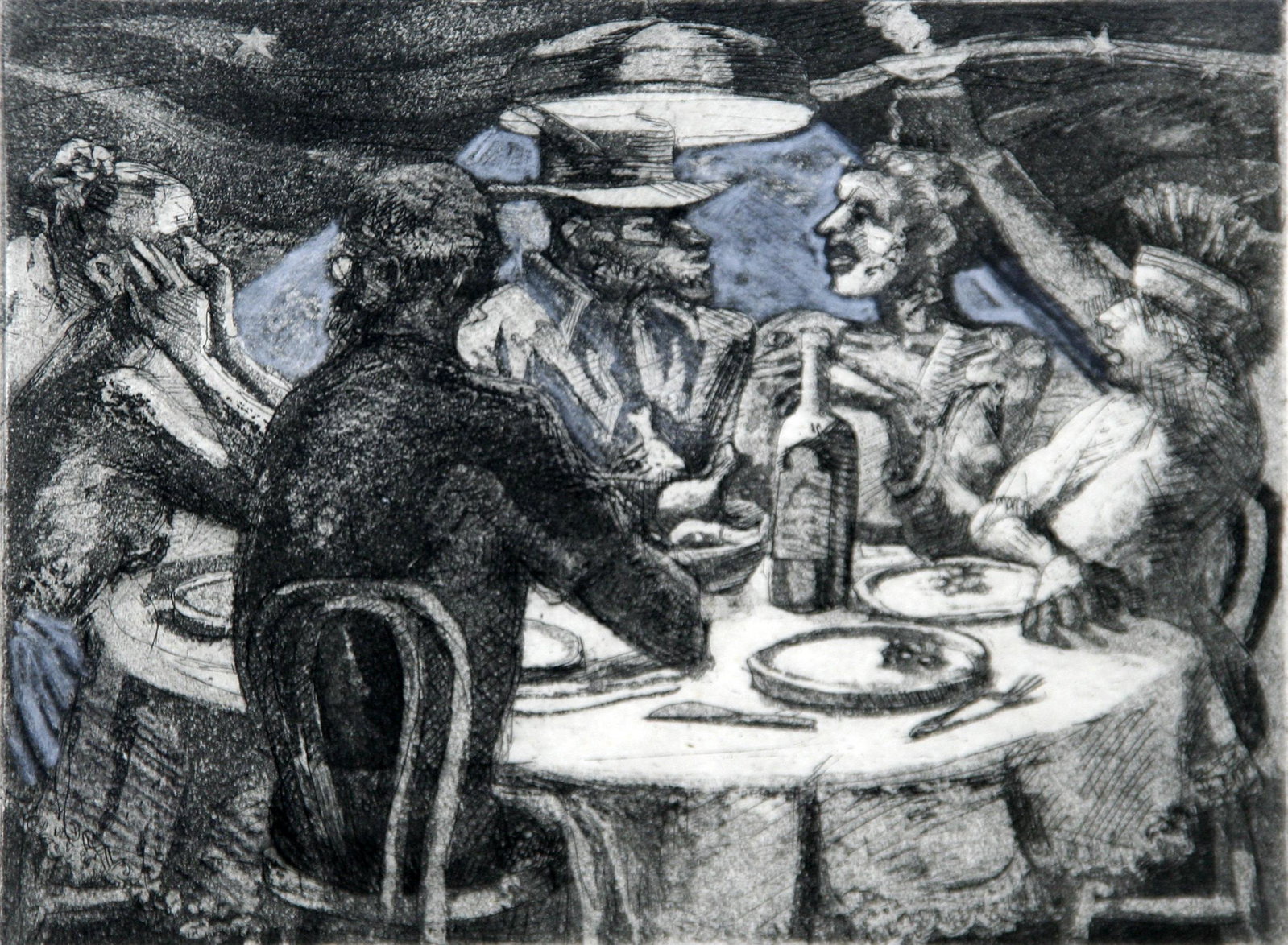 Leslie Bender: "The Party"; 1986; Etching on Paper; 6" x 8"; Signed Lower Right; Framed