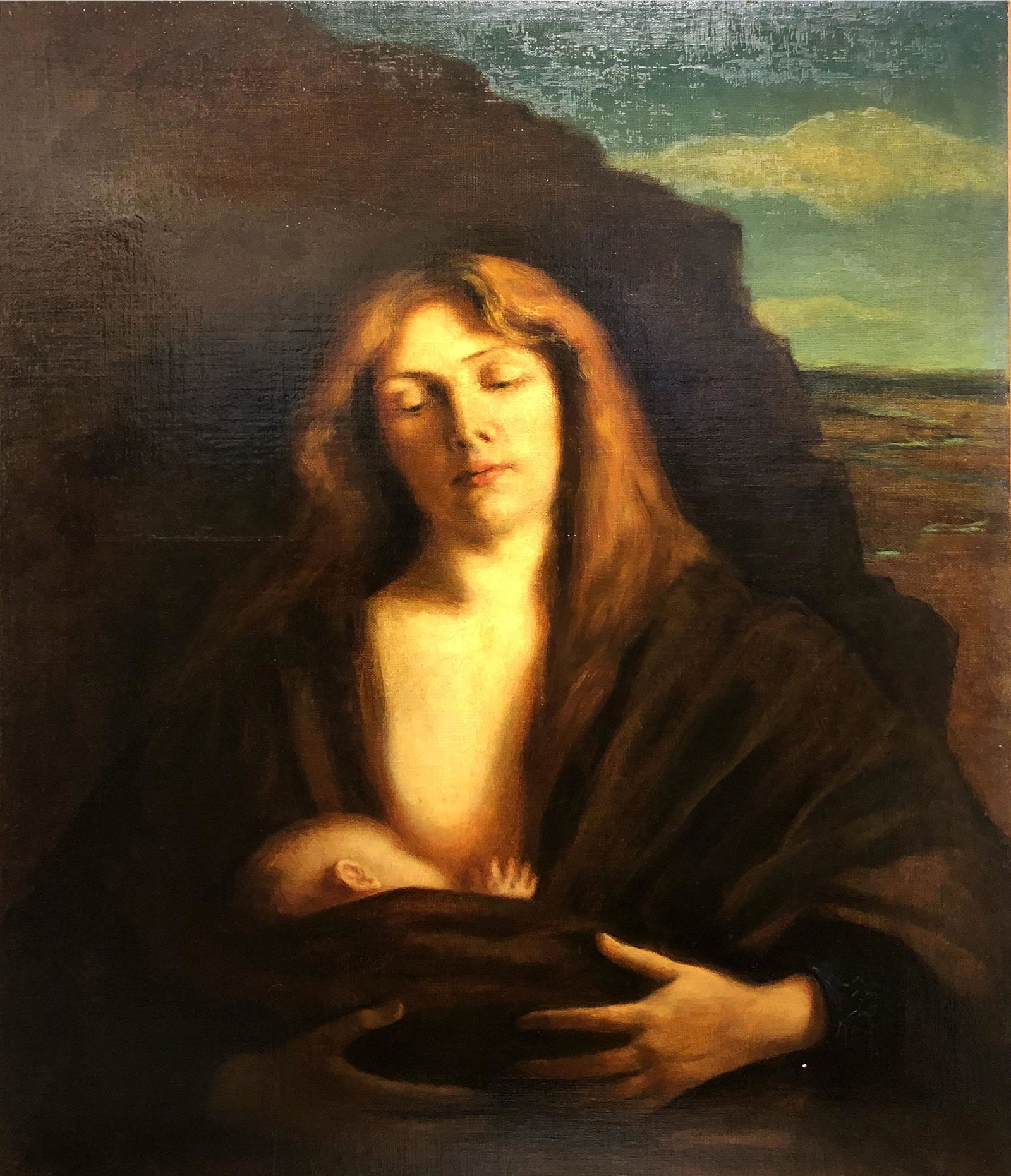 Unknown: "Madonna and Child"; 20th Century; Oil on Canvas; 32" x 25"; Unsigned; Unframed. Note: professionally restored - linen backing and stretchers.