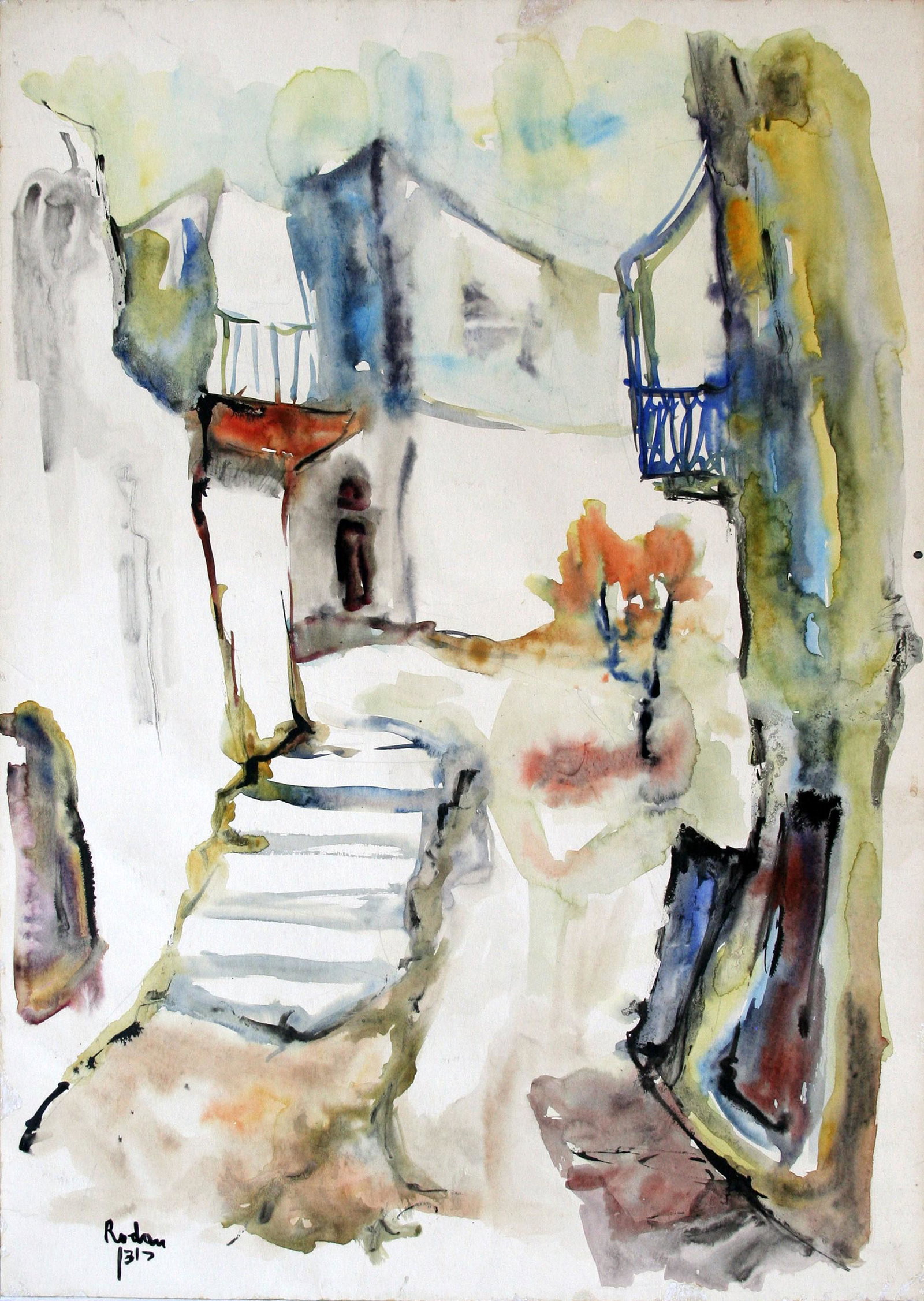 Jehuda Rodan (Israeli, 1916-1985): "Passage Way"; 20th Century; Watercolor on Paper Mounted on Canvas; 28' x 20'; Signed Lower Left; Unframed