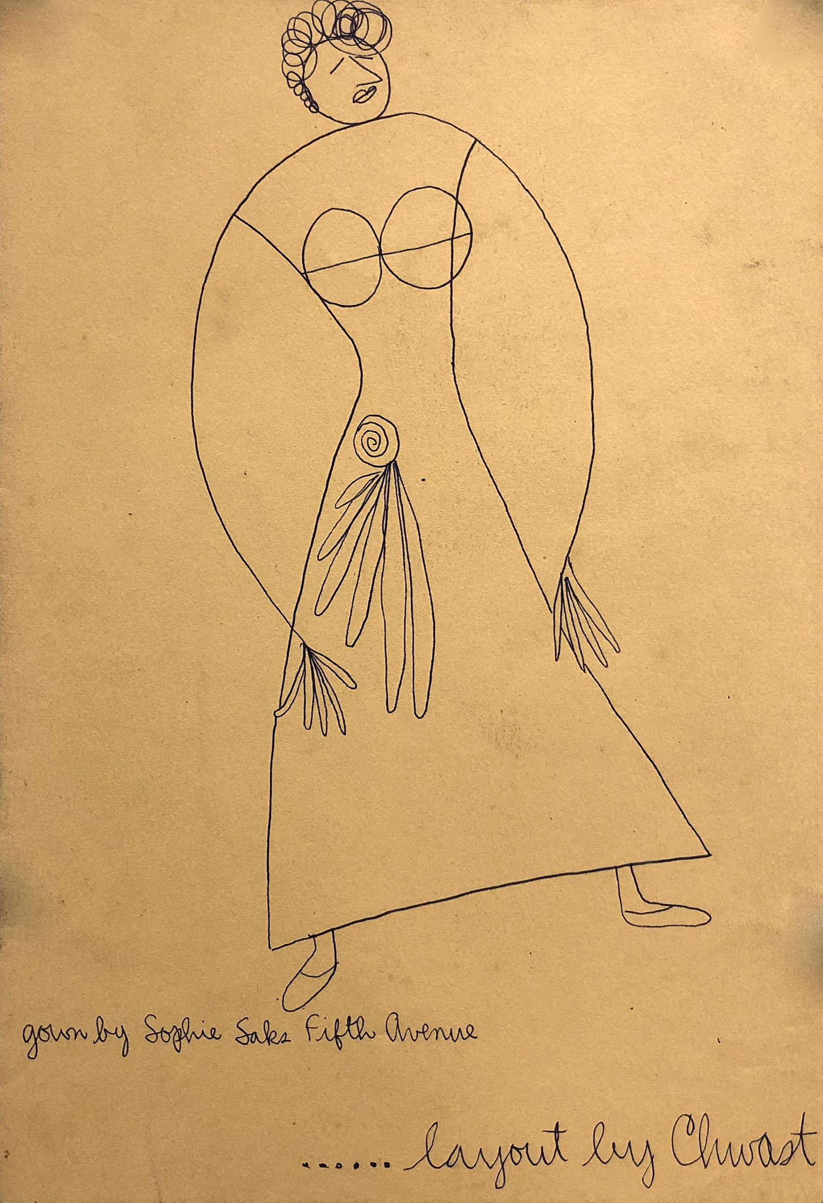 Seymour Chwast (b. 1931): "Gown by Sophie Saks"; c. 1950; Ink on Paper; 11" x 7.5"' Signed Lower Right; Unframed