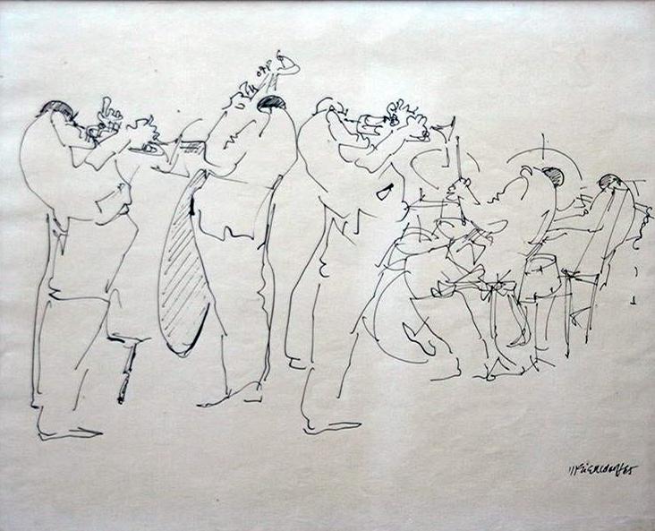 Leo Meiersdorff (1934-1994): "Jazz Group"; c. 1960; Ink on Paper; 6.75" x 13.5"' Signe Lower Right; Framed