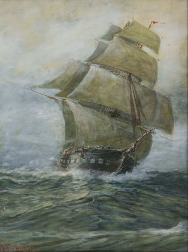 Gilbert Tucker Margeson: Name: Gilbert Tucker Margeson Artist Date: 1852-1949 Title: Untitled (Ship at Sea) Date of piece: 1912 Medium: watercolor on paper Edition: Signature: lower left Size: 27.5 x 22 Framed: Yes Note: