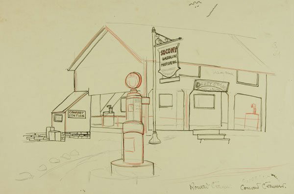 Konrad Cramer: Name: Konrad Cramer Artist Date: 1888-1963 Title: Socony Gas Station Date of piece: n.d. Medium: ink and colored pencil on paper Edition: …… Signature: lower right Size: 12x18 Framed: No Note: