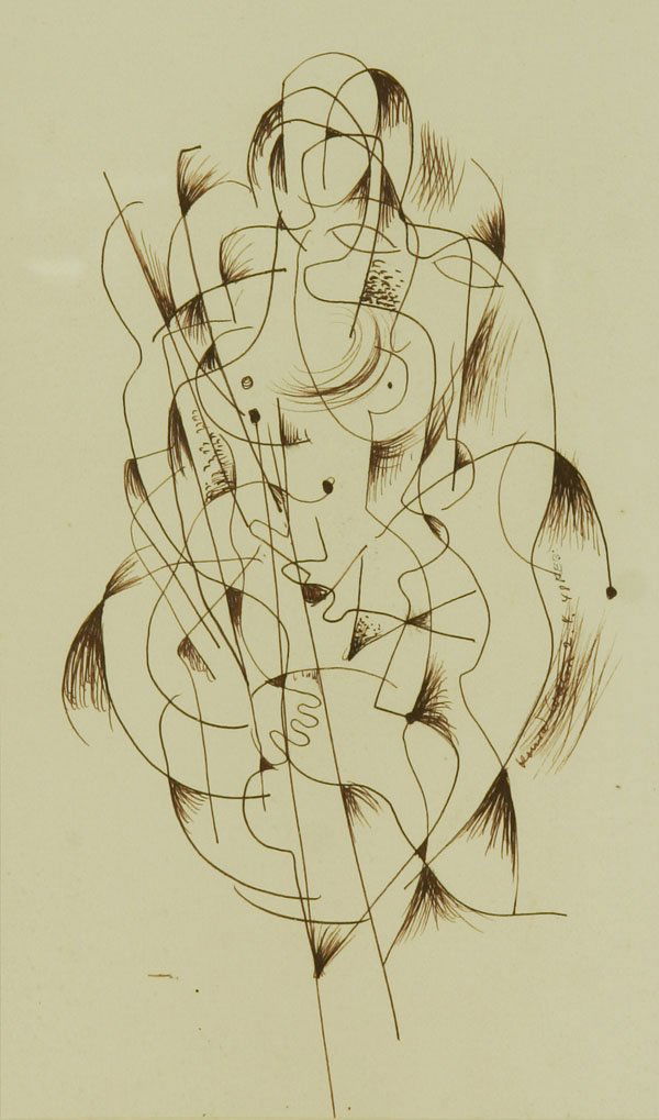 Konrad Cramer: Name: Konrad Cramer Artist Date: 1888-1963 Title: Untitled (Abstract Figure) Date of piece: 1948 Medium: pen/ink/p Edition: Signature: right edge of figure Size: 12 x 7.5 Framed: Yes Note: