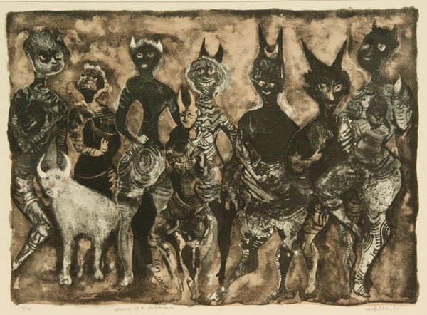 Adolf Dehn: Name: Adolf Dehn Artist Date: 1895-1968 Title: Horns of a Dilemma Date of piece: 1965 Medium: color lithograph Edition: 1/20 Signature: lower right Size: 15x19.5 Framed: Yes Note: