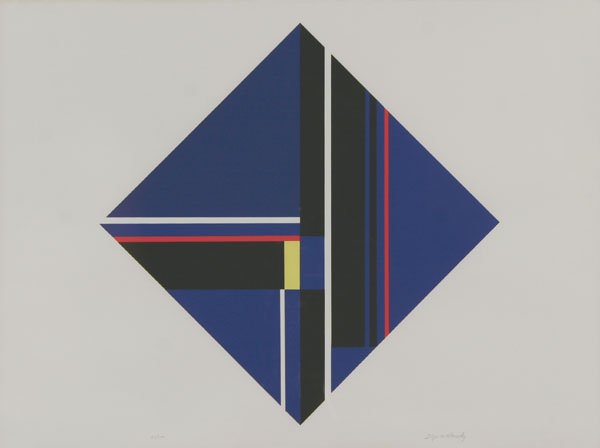 Ilya Bolotowsky: Name: Ilya Bolotowsky Artist Date: 1907-1981 Title: Untitled abstraction (blue, black, red square) Date of piece: n.d. Medium: lithograph Edition: 40/100 Signature: lower right Size: 29.5 x 22.25 Fram
