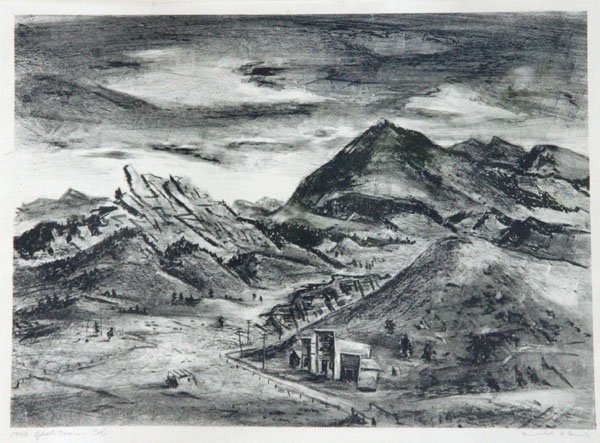 Arnold Blanch: Name: Arnold Blanch Artist Date: 1896-1968 Title: Ghost Town Date of piece: 1940 Medium: lithograph Edition: Signature: Size: 10.5x14.5 Framed: Yes Note: