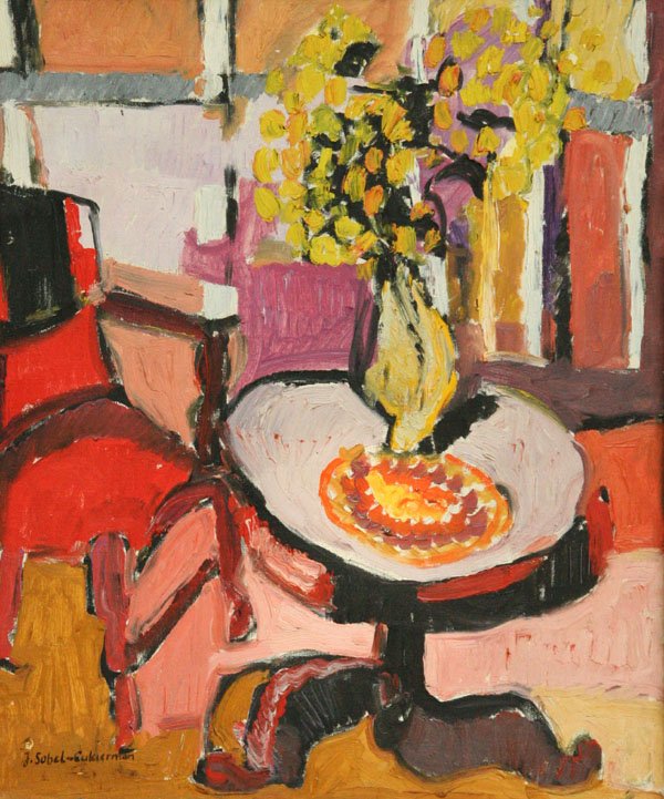 Jehudith Sobel: Name: Jehudith Sobel Artist Date: b.1924 Title: Still Life in Interior Date of piece: 1957 Medium: oil on canvas Edition: Signature: LR and Verso Size: 20x24 Framed: Yes Note: #114-5 Signed Jehudith S