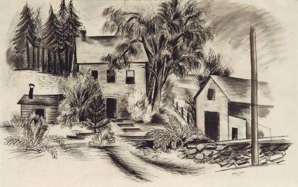 Konrad Cramer: Name: Konrad Cramer Artist Date: 1888-1963 Title: Homestead Date of piece: 1931 Medium: ink wash on paper Edition: Signature: lower right Size: 10.5x16.5 Framed: Yes Note: