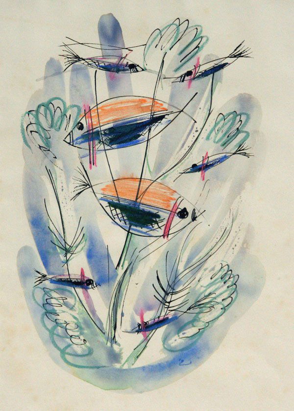 Konrad Cramer: Name: Konrad Cramer Artist Date: 1888-1963 Title: Fish in Spring Date of piece: c.1940 Medium: watercolor on paper Edition: Signature: unsigned Size: 18x12 Framed: Yes Note: Gallery label on verso