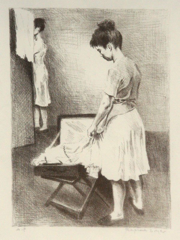 Raphael Soyer: Name: Raphael Soyer Artist Date: 1889-1987 Title: Unpacking Date of piece: Medium: lithograph Edition: AP Signature: lower right Size: 18.5x13 Framed: Yes Note: