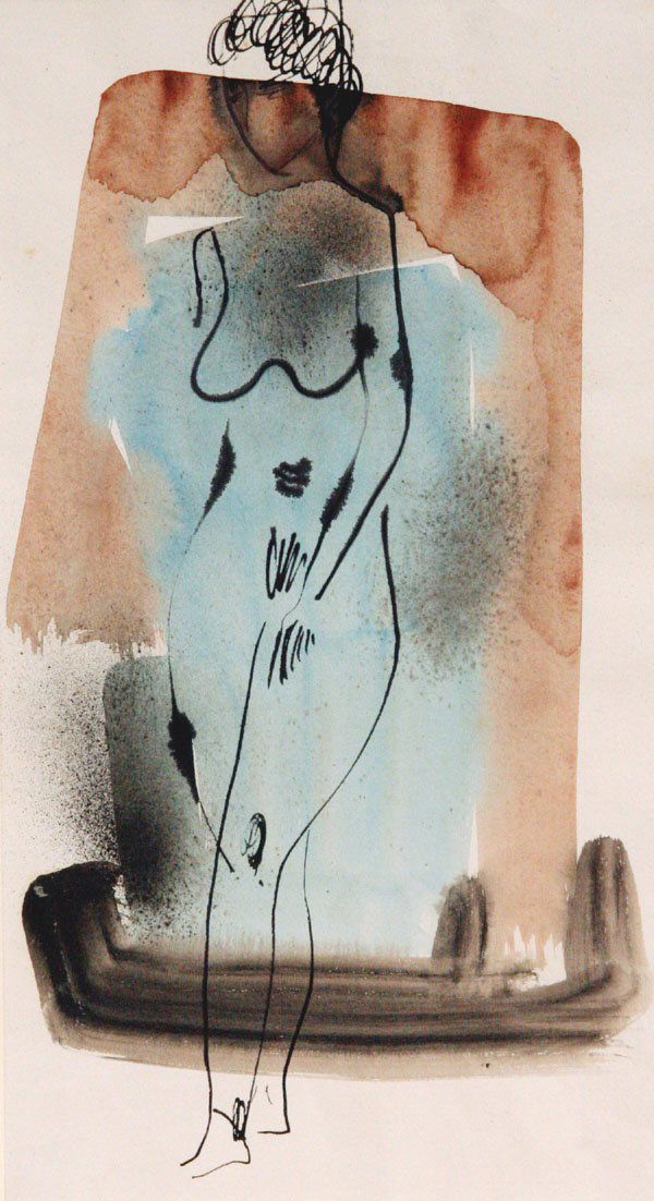 Konrad Cramer: Name: Konrad Cramer Artist Date: 1888-1963 Title: Standing Nude Date of piece: c.1940 Medium: watercolor and ink on paper Edition: Signature: unsigned Size: 18x10 Framed: Yes Note: Experimental use of