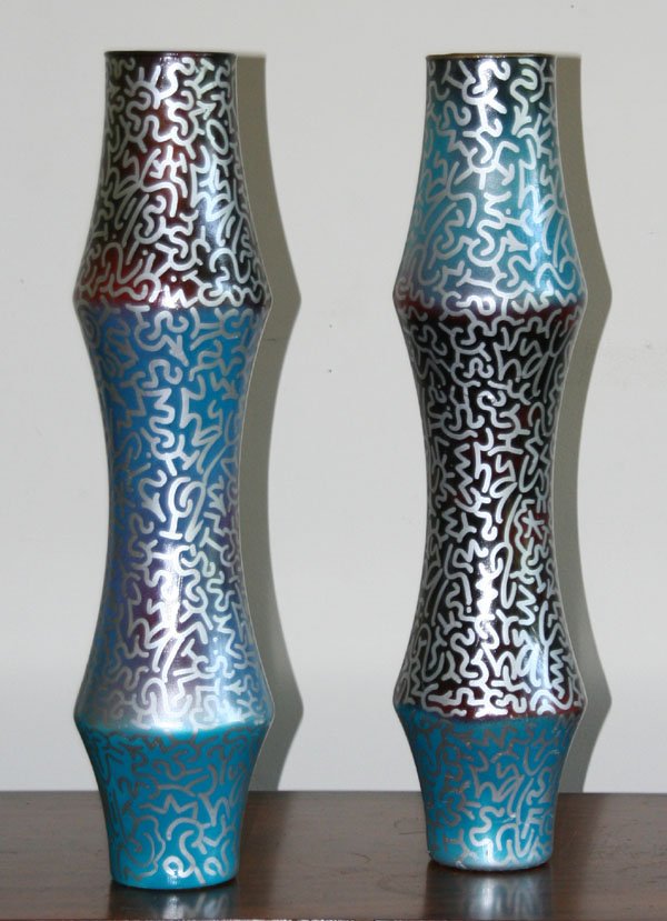 LA II (Angel Ortiz): Name: LA II (Angel Ortiz) Artist Date: 1967- Title: Untitled (Pair of Vases) Date of piece: Medium: silver marker and paint on glass Edition: Signature: Size: 19" high each Framed: No Note: Keith Hari