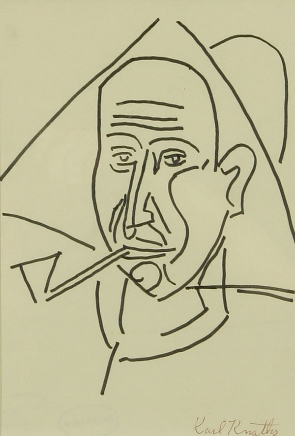 Karl Knaths: Name: Karl Knaths Artist Date: 1891-1971 Title: Untitled (Figure with pipe) Date of piece: n.d. Medium: ink on paper Edition: Signature: lower right Size: 11 x 7.75 Framed: Yes Note: