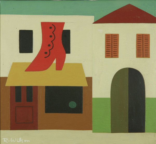 Reginald Wilson: Name: Reginald Wilson Artist Date: 1909-1993 Title: Shoemaker's Shop Date of piece: n.d. Medium: acrylic on canvas Edition: Signature: lower right Size: 10.5 x 11.5 Framed: Yes Note: