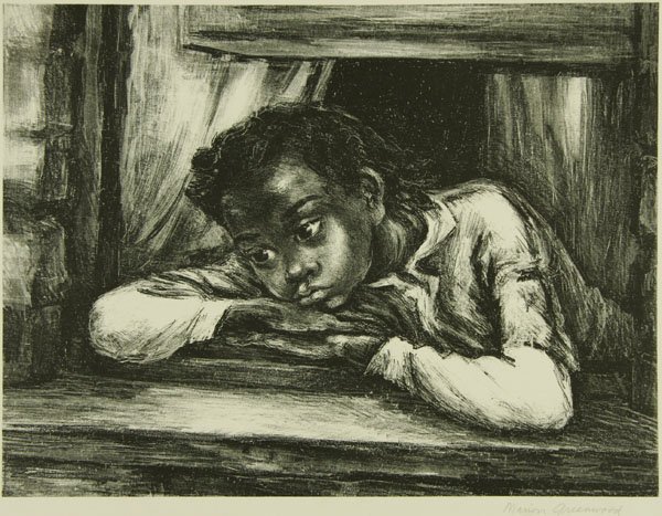 Marion Greenwood: Name: Marion Greenwood Artist Date: 1909-1970 Title: The Window Date of piece: c. 1940 Medium: lithograph Edition: Signature: lower right Size: 12.5 x 9.5 Framed: No Note: