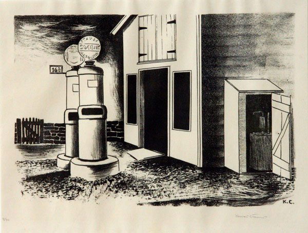 Konrad Cramer: Name: Konrad Cramer Artist Date: 1888-1963 Title: Gas Station Date of piece: c.1935 Medium: lithograph Edition: 9/20 Signature: lower right Size: 10x14.5 image Framed: Yes Note: Gas station series, St