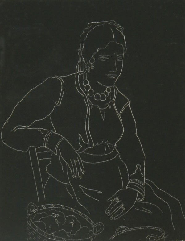 Konrad Cramer: Name: Konrad Cramer Artist Date: 1888-1963 Title: Untitled (Seated Woman with Basket) Date of piece: 1930s Medium: linocut Edition: 4/10 Signature: lower right Size: 9 x 7 Framed: Yes Note: