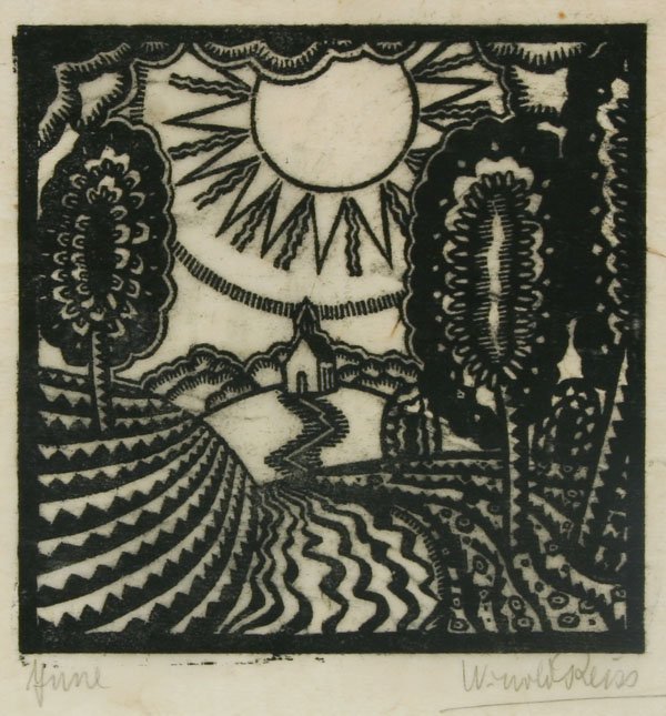 Winold Reiss: Name: Winold Reiss Artist Date: 1886-1953 Title: June Date of piece: c.1925 Medium: woodblock Edition: Signature: lower right Size: 8 x 8 Framed: Yes Note: Reserve.