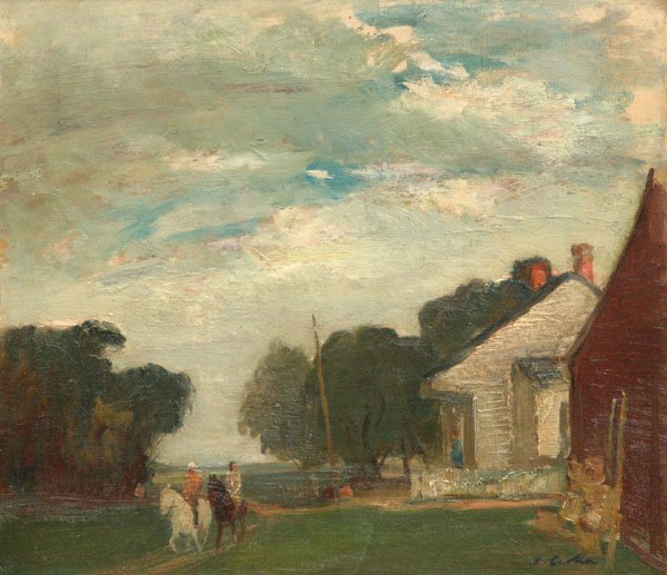 Stephen Csoka: Name: Stephen Csoka Artist Date: 1897-1989 Title: Landscape with Two Riders on Horses Date of piece: c.1930 Medium: oil on board Edition: Signature: lower right Size: 16x18 Framed: Yes Note: