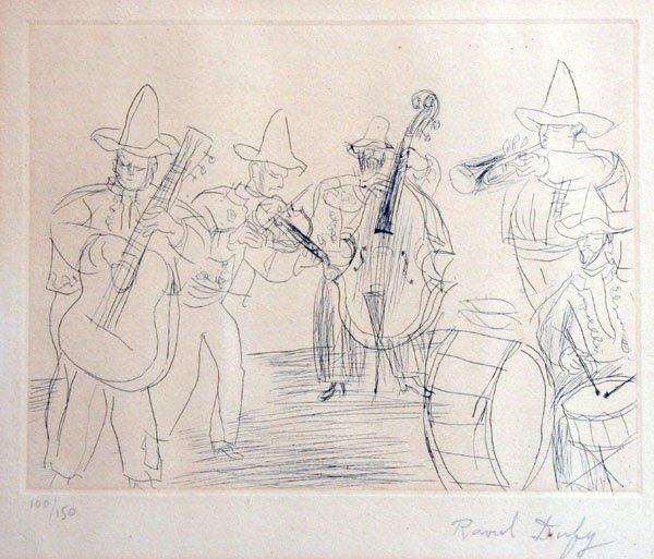 Raoul Dufy: Name: Raoul Dufy Artist Date: 1877 - 1953 Title: Four Musicians Date of piece: c.1945 Medium: etching Edition: 100/150 Signature: lower right Size: 7.25x9.75 Framed: Yes Note: