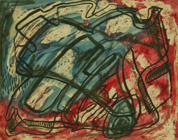Rolph Scarlett: Name: Rolph Scarlett Artist Date: 1889-1984 Title: Untitled abstraction (blue and red) Date of piece: n.d. Medium: gouache on paper Edition: Signature: lower right Size: 10.5 x 13.25 Framed: Yes Note: