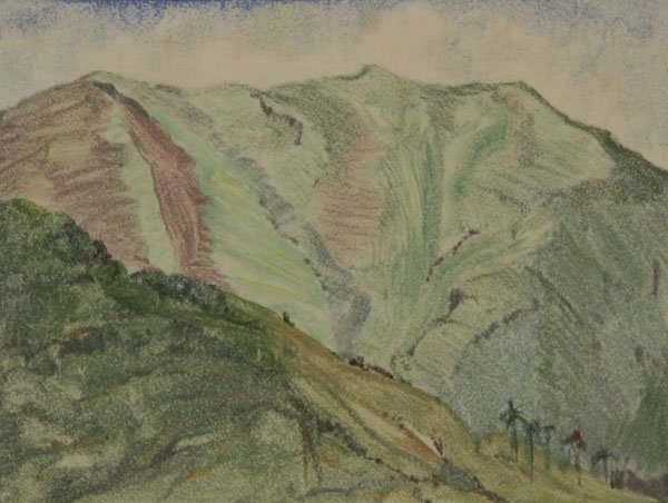 Zulma Steele: Name: Zulma Steele Artist Date: 1881-1979 Title: Untitled (Mountain Landscape) Date of piece: n.d. Medium: color woodblock Edition: Signature: lower right Size: 5.5 x 7 Framed: Yes Note: