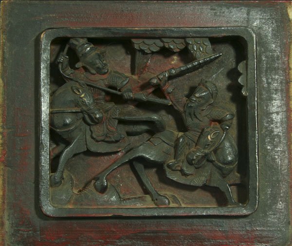 Unknown: Name: Unknown Artist Date: Title: Two pieces: war scene and unidentified goddess Date of piece: n.d. Medium: wood Edition: Signature: unsigned Size: 8 x 9; 10 x 5 Framed: Yes Note: