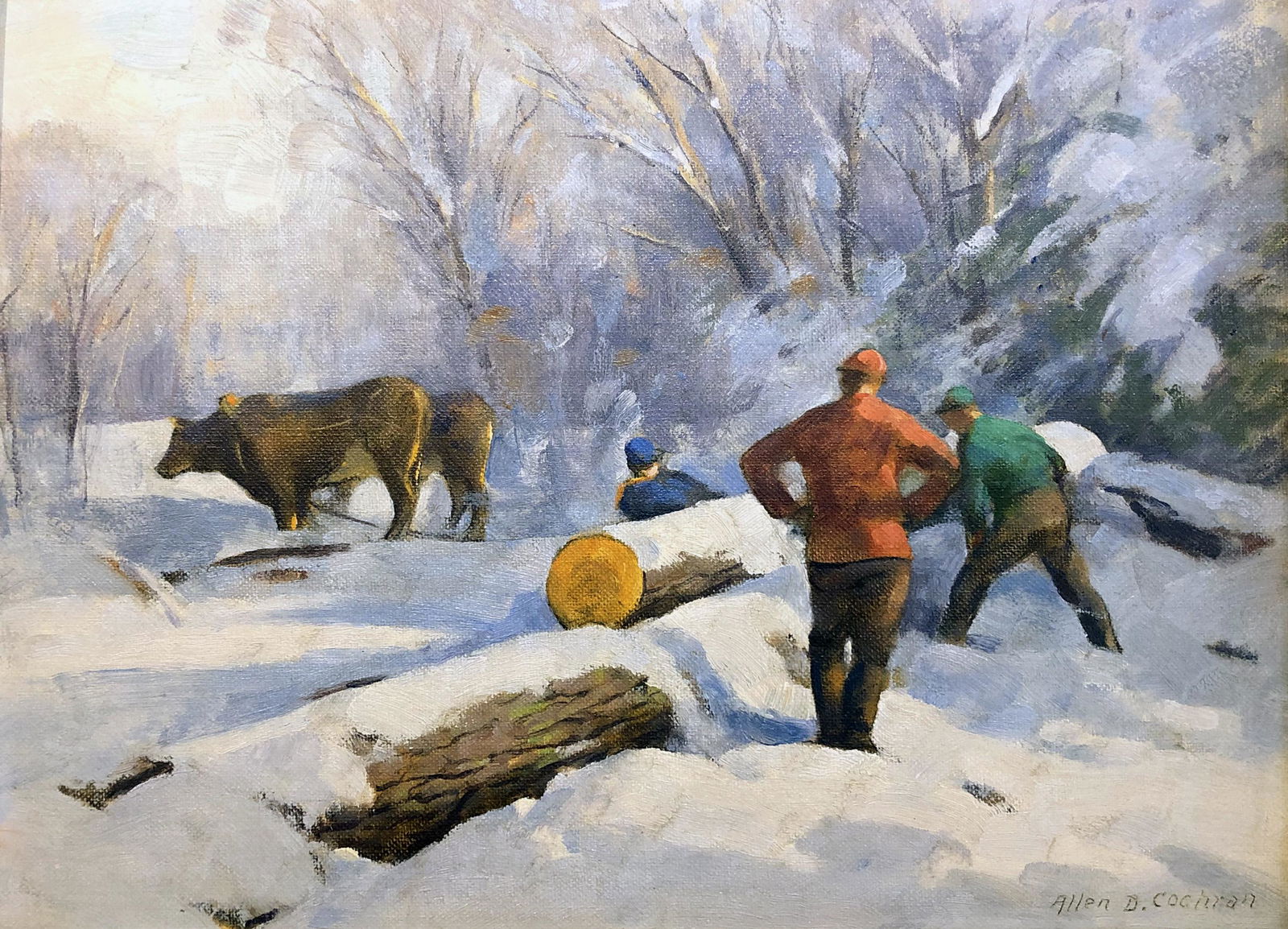 Allen D. Cochran (1888 - 1971): "Logging in Winter"; c. 1950; Oil on Board; 9" x 12"; Signed Lower Right; Framed.