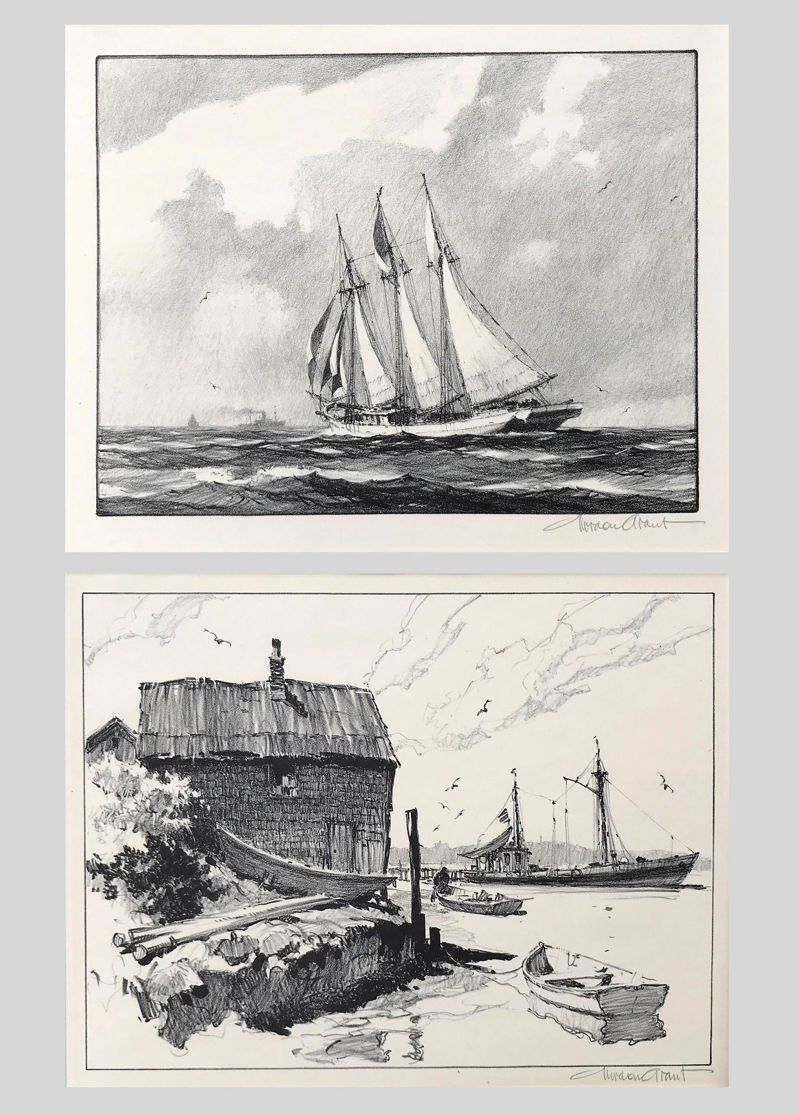 Gordon Grant (1875-1962): LOT OF TWO: A. "Fore and Aft"; c. 1947; Lithograph; 9" x 12"; Signed Lower Right; Unframed / B. "The Venerable Fish House"; 1950; Lithograph; 9" x 12"; Signed Lower Right; Unframed.