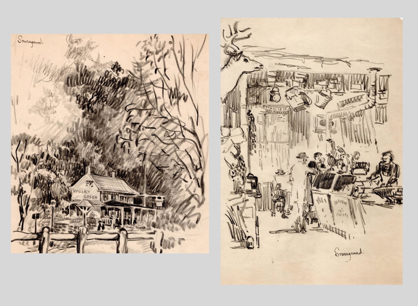 Margaret Lowengrund (1905 - 1957): LOT OF TWO: A. "Valley Green"; c. 1940; Graphite on Paper; 7.5" x 7"; Signed Upper Left; Unframed / B. "Local Shop Interior"; c. 1940; Graphite on Paper; 10" x 7"; Signed Lower Right; Unframed.